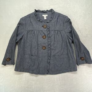 Charter‎ Club Jacket Womens M Cotton Blue Button Front Ruffle trim